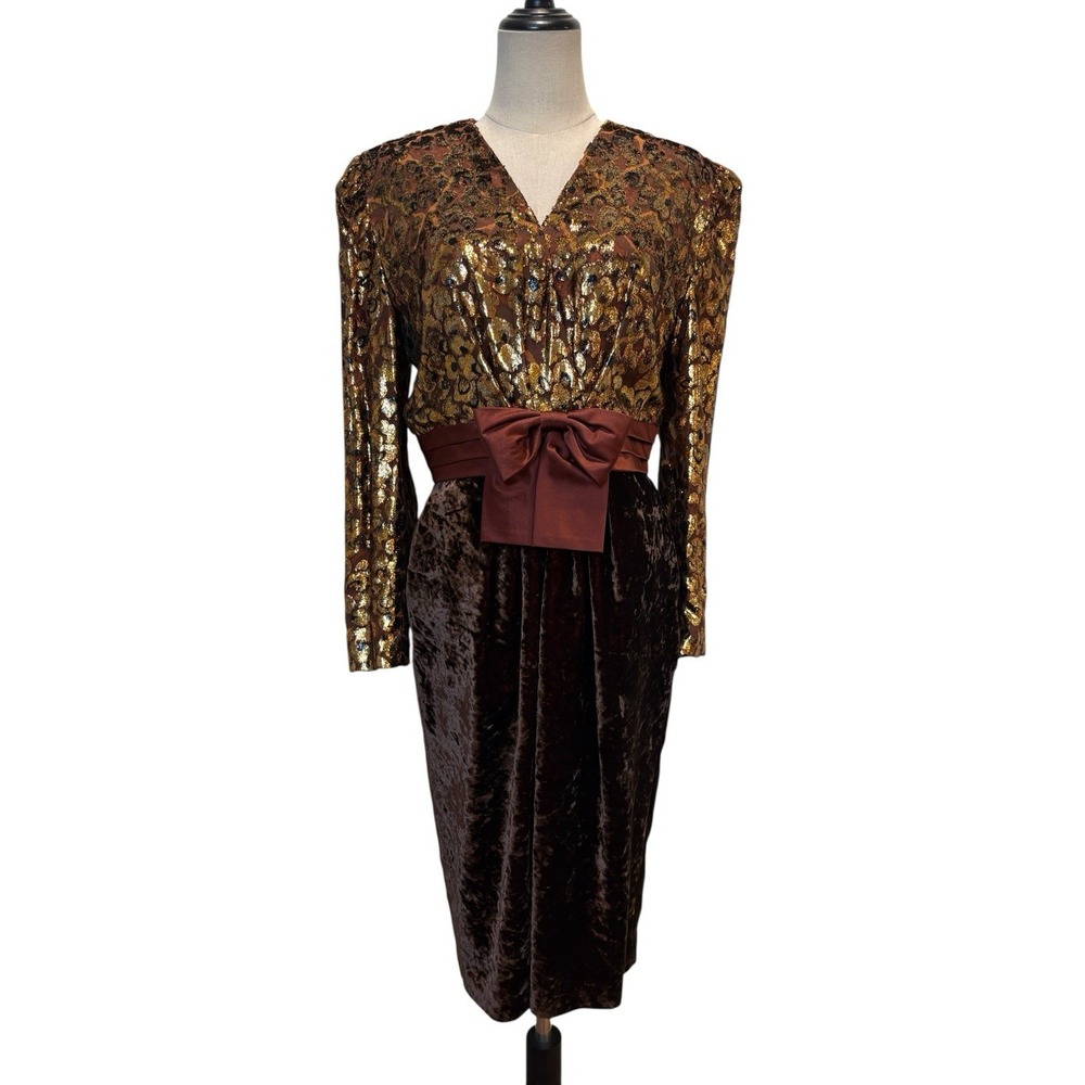 vtg escada margaretha ley Brown Velvet Cocktail Dress Sz 40 Leopard Print Luxury